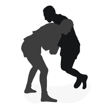 Image of silhouettes sambo athletes in sambo wrestling, combat sambo, duel, fight, fistfight, struggle, tussle, brawl, jiu jitsu. Martial art, sportsmanship