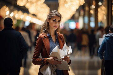 An unidentifiable woman dressed casually, standing in a spacious shopping mall illuminated by numerous lights while holding multiple paper bags. Generative Ai.