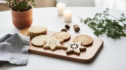 Fototapeta na wymiar a wooden cutting board topped with cookies next to a potted plant and a candle on top of a table. generative ai