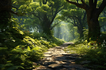An enchanting forest trail, dappled with sunlight and surrounded by lush greenery, inviting a peaceful nature walk. Generative Ai.