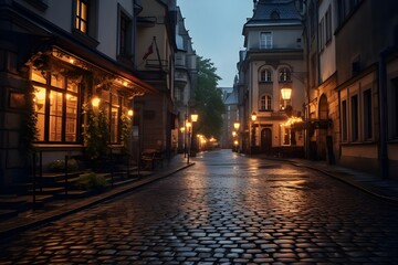 Fototapeta na wymiar A charming, cobblestone European street at dusk. 