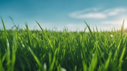 Obraz premium green grass and blue sky green grass blue clear sky spring nature panorama theme