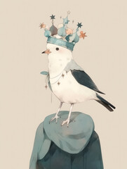 Marble Bird Prince with a Crown of Jewels Statue, Minimalist, Pastels On Paper