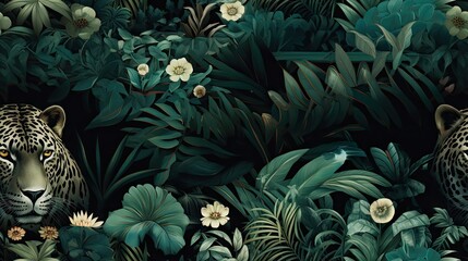  a painting of a leopard in the jungle surrounded by tropical plants and flowers with white flowers on the right side of the image.  generative ai