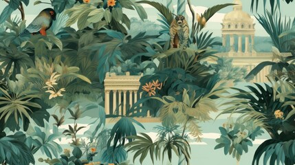  a painting of a jungle scene with a tiger in the middle of the jungle and a building in the background.  generative ai