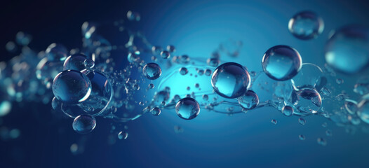 Many transparent molecules on blue background. Abstract structure for science or medical background. banner