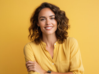 Fototapeta premium Photo portrait of an european woman smiling. Isolated on yellow background. Business woman.