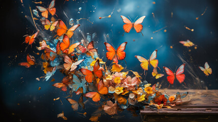 Beautiful swarm of butterflies fly through the picture