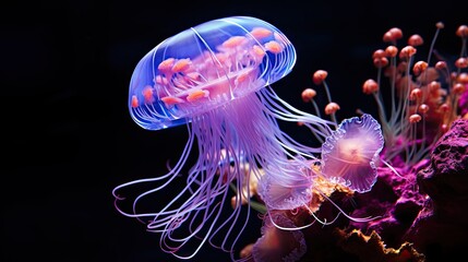  a close up of a jellyfish in a tank with corals in the water and other corals on the bottom of the tank.  generative ai