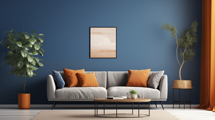 Elegant Living Room with Deep Blue Wall, Neutral-toned Sofa, and Contrasting Orange Accents