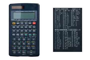 Top view of scientific calculator with table of physical constants and metric conversions isolated on white background