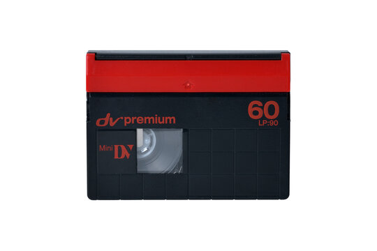 Top view of black and red mini dv tape isolated on white background