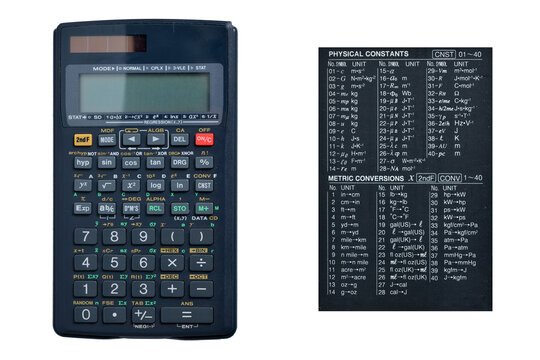 Top view of scientific calculator with table of physical constants and metric conversions isolated on white background
