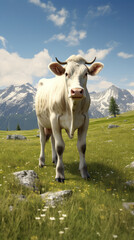Fototapeta na wymiar Serene Summer Scene: A Solitary Cow Grazes Peacefully on a Lush Green Meadow Under a Clear Blue Sky.
