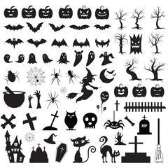 Naklejka premium Big set of silhouettes of Halloween on a white background. Vector illustration.