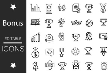 Awards and Bonuses Editable Icons set. Vector illustration in modern thin line style of icons, such as: Cups, Awards, Medals, Diplomas, Champion, Number One, Stars, Winner, Ribbon. Achievement icons - obrazy, fototapety, plakaty