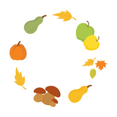 Vector autumn frames with leaves, berries, mushrooms. Autumn wreath.  Fall decorations set. For cards, gift tags, labels, stickers.