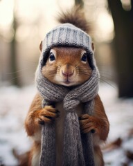 Obraz premium A squirrel wearing a knitted hat and scarf. Generative AI.
