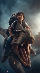 A young boy riding on the back of a dinosaur. Generative AI.