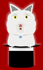 White rabbit in a magician's top hat on red background.