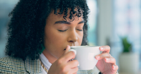 Tea, drink and black woman relax in the office with calm coffee break in morning with peace in...