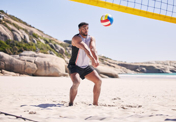 Beach, volleyball and man at net with sports action, fun and summer competition on sea sand. Energy, ocean games and volley challenge with athlete hitting ball for goal at fitness workout in nature. - obrazy, fototapety, plakaty