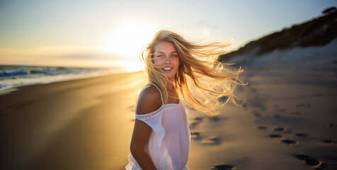 Fototapeta na wymiar Blonde, 18-year-old woman running towards camera on sunlit beach.