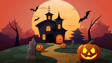 Fototapeta na wymiar Spooky Halloween House in Orange and Bronze