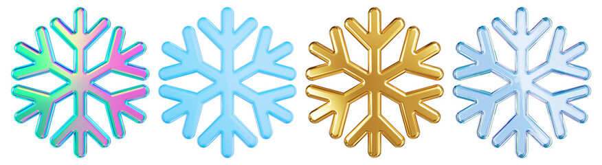 Front view iridescent glass, golden and blue snowflake set. 3D rendering. - obrazy, fototapety, plakaty