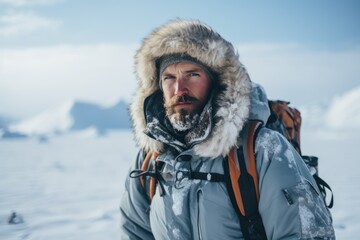 Fototapeta na wymiar Arctic Odyssey: A Man Working as a Polar Explorer, Embracing Extreme Cold, Courage, and Perilous Adventure in the Melting Arctic of the Northern Hemisphere