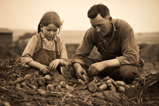 Father and his gril on carron harvesting in late 1960.