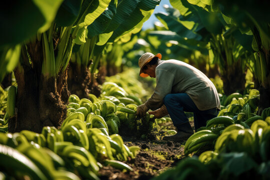Skilled labor of farmworkers handpicking bunches of bananas