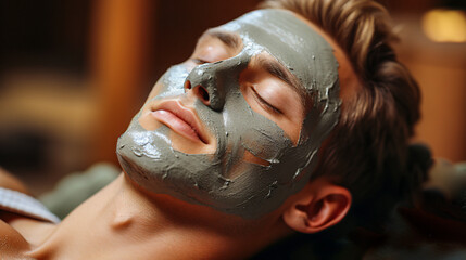 close up man at a spa relaxing with a green skin mask  in the face and with  closed eyes - obrazy, fototapety, plakaty