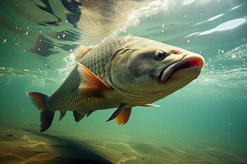 Carp as it glides through the crystal-clear waters of the lake