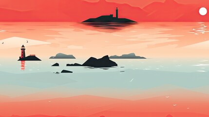  a painting of a lighthouse on a small island in the middle of a body of water with a red sky in the background.  generative ai