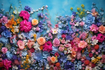 Obraz na płótnie Canvas Blue floral backdrop with vibrant summer flowers. Generative AI
