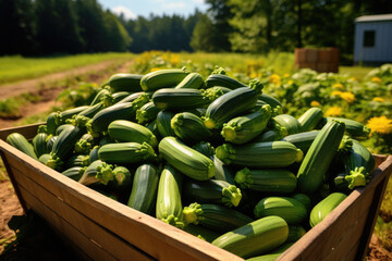 Freshly harvested zucchinis in a wooden box