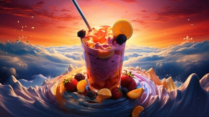  a painting of a drink with strawberries, oranges, and raspberries on top of a wave of water.  generative ai - obrazy, fototapety, plakaty