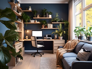 Small home office with navy blue wall and modern furniture