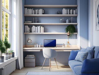 Blue modern small home office with plants - obrazy, fototapety, plakaty