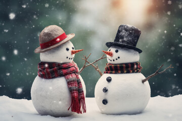 Obraz premium Two Snowmen Standing Face to Face