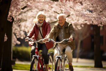 Seniors enjoying a bike ride in the serene park