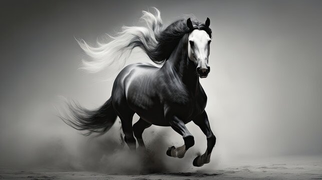  a black and white photo of a horse galloping through the air with it's hair blowing in the wind.  generative ai