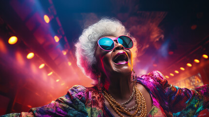 Stylish elderly African American woman in fashionable glasses dances funny in a nightclub. Senior woman having fun in neon lighting. - obrazy, fototapety, plakaty