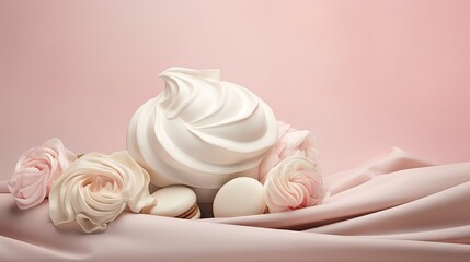  a close up of a whipped cream and flowers on a pink background with a soft, draping fabric.  generative ai
