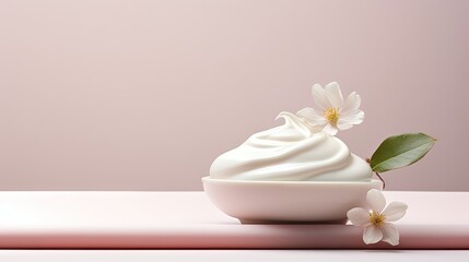 Obraz na płótnie Canvas a white bowl filled with whipped cream and a flower on top of a pink countertop next to a pink wall. generative ai