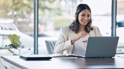 Woman hands, growth or laptop video call, conference meeting or training workshop presentation for...