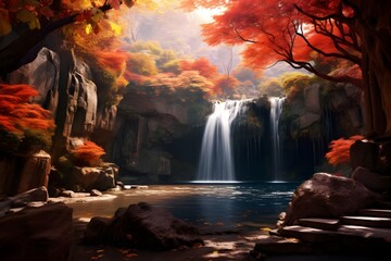 A majestic waterfall framed by autumn foliage.
