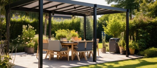 Stylish outdoor pergola with landscaping awning and grill - obrazy, fototapety, plakaty