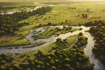 Bird's-eye perspective of rural river. Generative AI